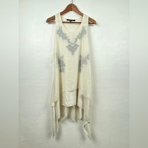 Boundary & Co Womens Dress Size XS Asymmetrical Ivory Black Sheer Shift Sleevel